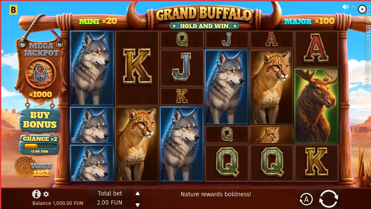 Cenário de pradaria e búfalos no slot Grand Buffalo Hold and Win