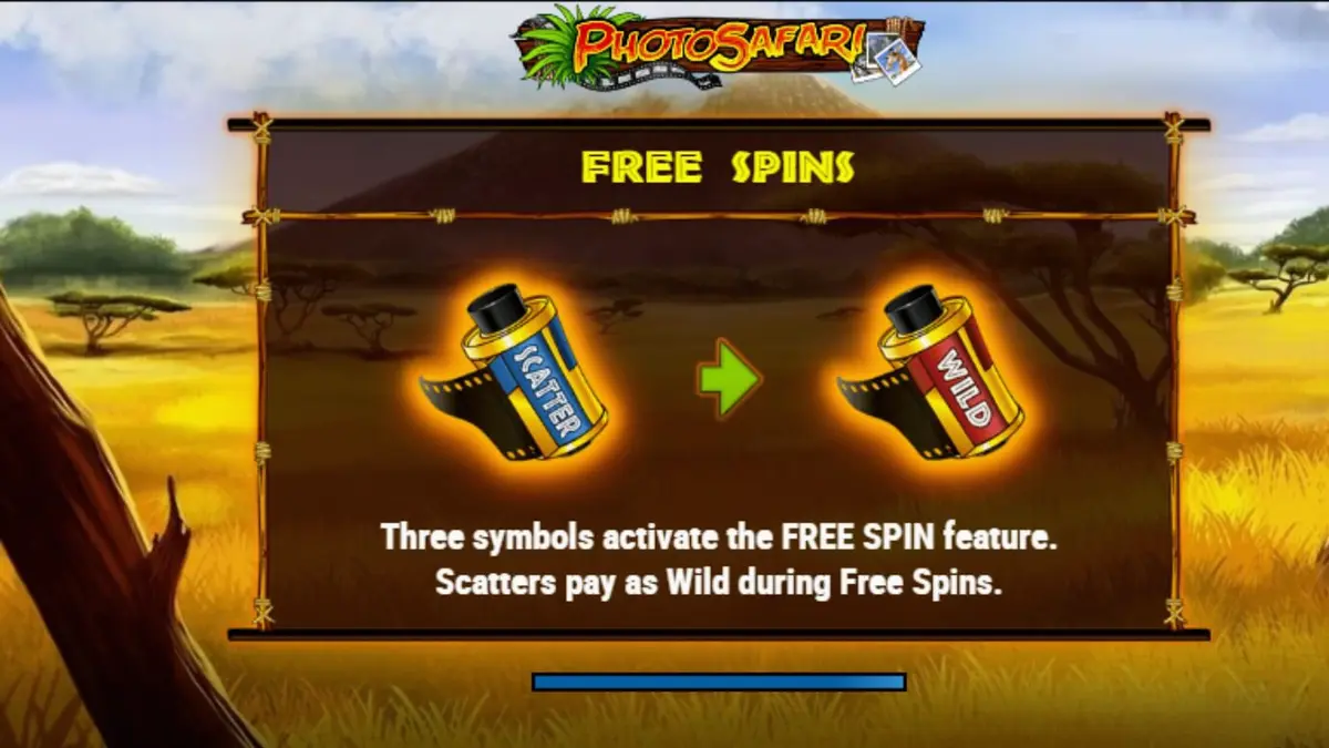 Interface do jogo de slot Photo Safari com animais da savana e equipamentos de fotografia