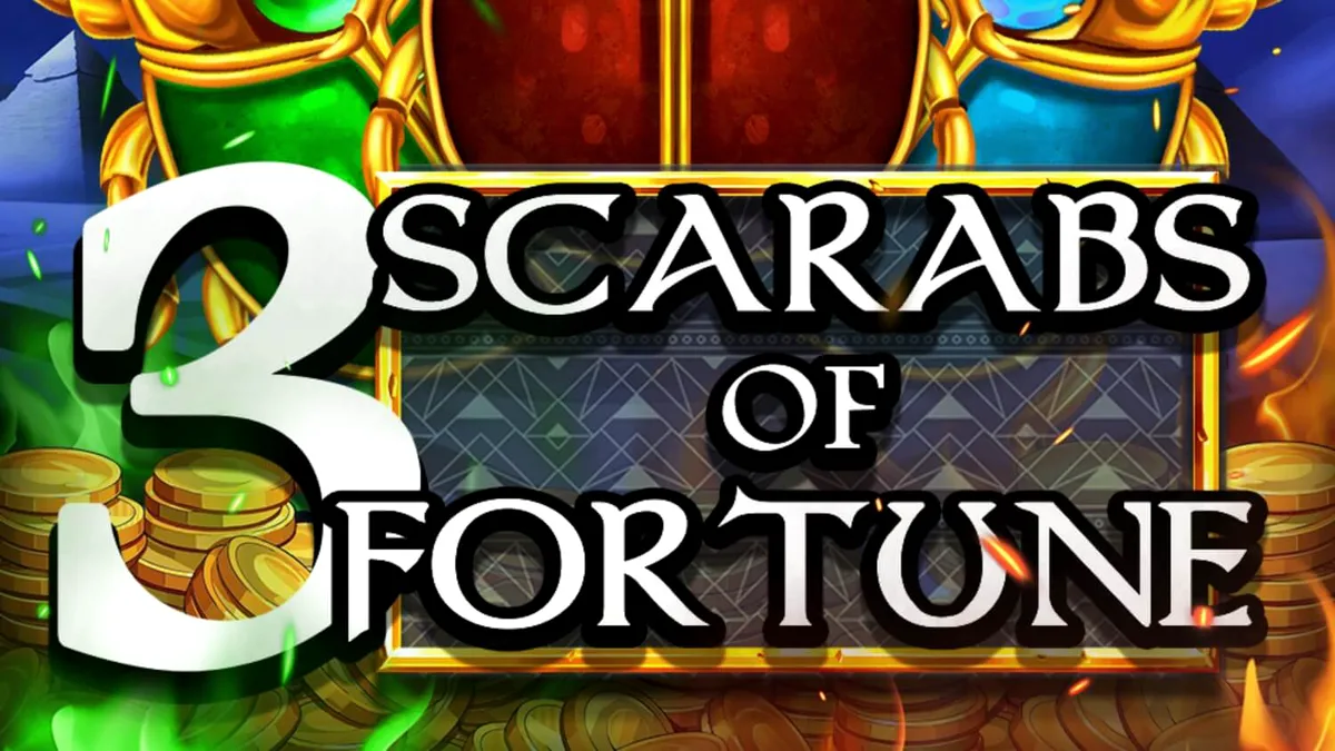 Interface do jogo 3 Scarabs of Fortune com escaravelhos dourados e pirâmides ao fundo