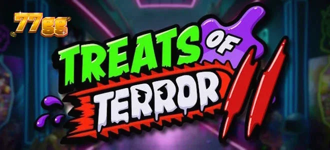 Cena vibrante e colorida de Treats of Terror II com doces animados e um cenário de fliperama.